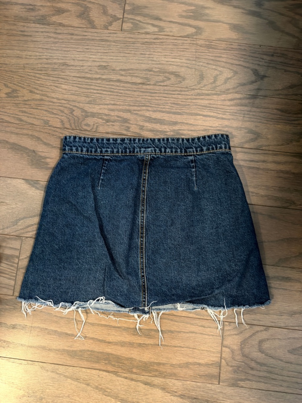 Dark Blue Denim Button-Front Mini Skirt with Embroidered Floral Pocket - Picture 5 of 8